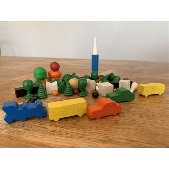 Vintage Wooden Blocks Train Car Trees Spheres Lot Wood Toy - Picture 1 of 3